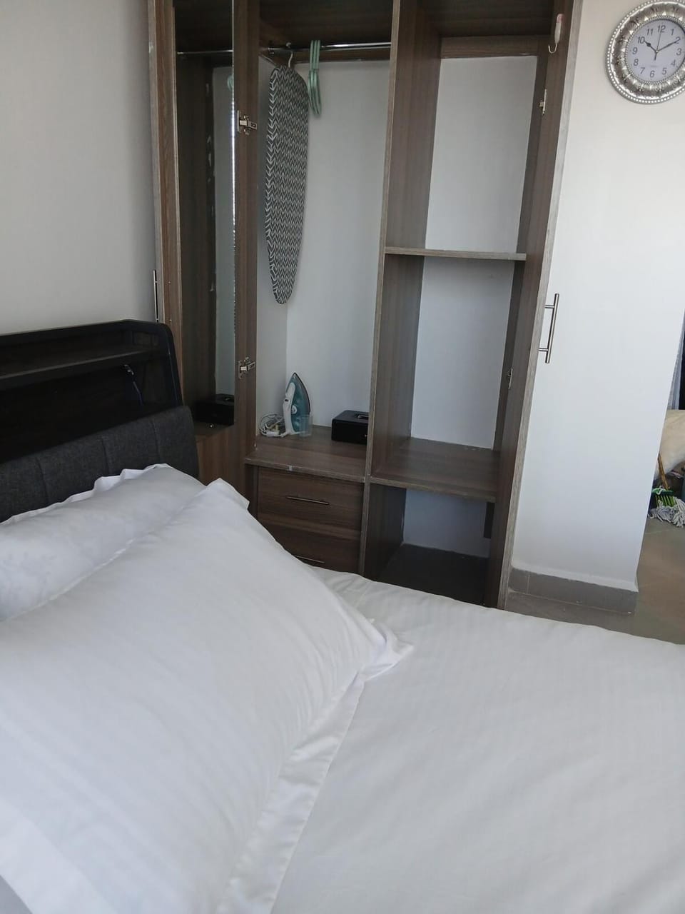 Bed, wardrobe