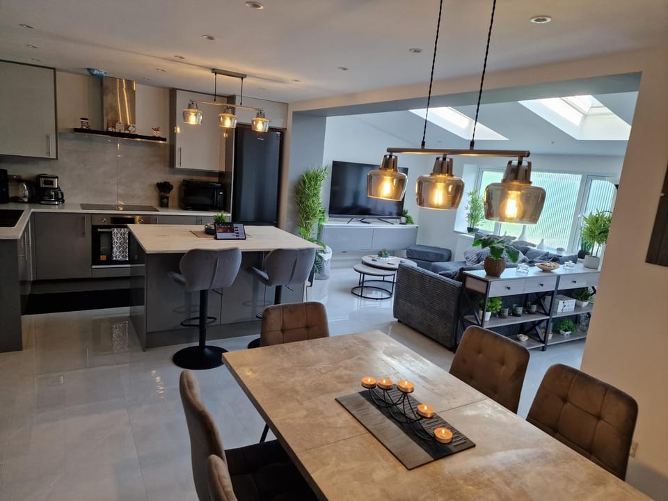 Kitchen or kitchenette, Living room, Seating area, Dining area, stove