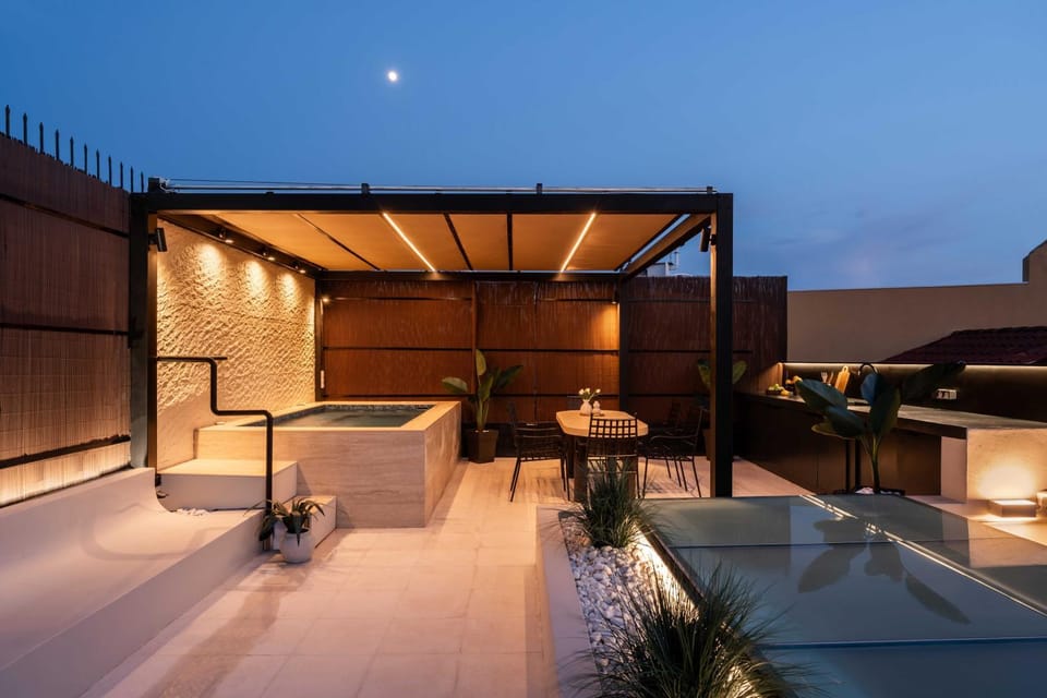 Patio, Night, Hot Tub, Swimming pool