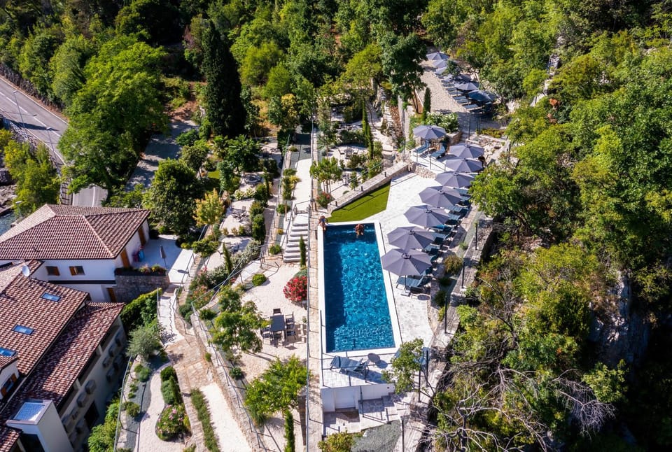 Property building, Day, Natural landscape, Bird's eye view, Garden, Pool view, Swimming pool