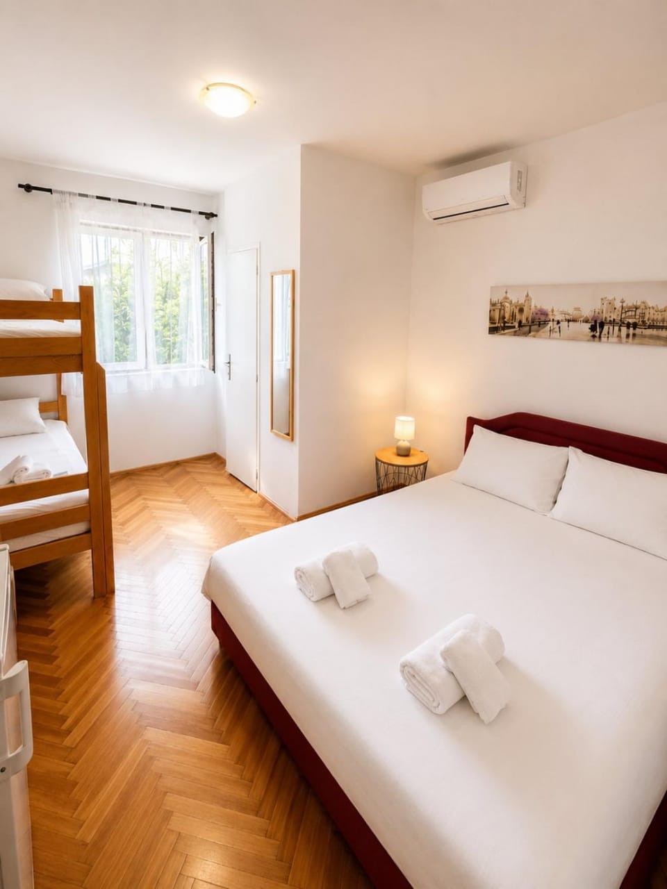 Bed, Photo of the whole room, Bedroom, towels, air conditioner