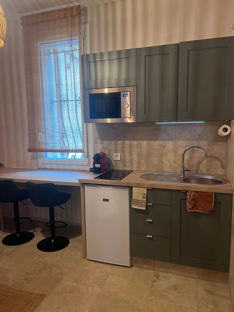Kitchen or kitchenette, stove