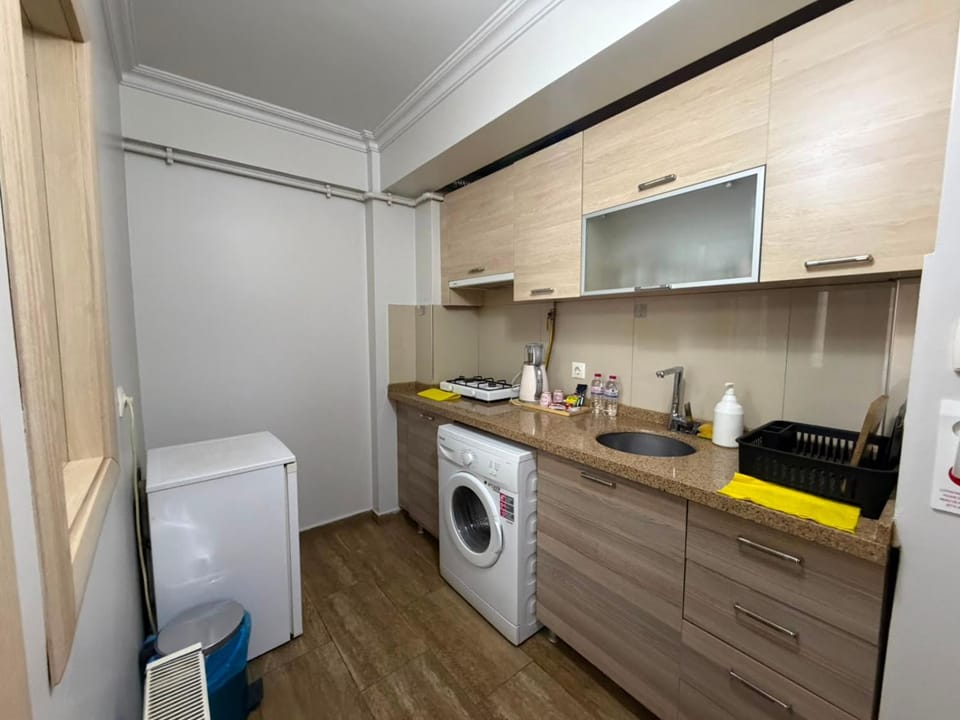 Kitchen or kitchenette, stove, washing machine