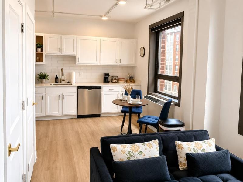 Kitchen or kitchenette, Living room, Photo of the whole room, Dining area, City view, dishwasher