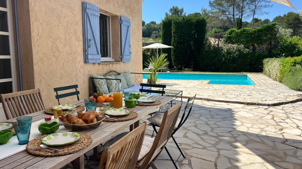 Patio, Dining area, Pool view