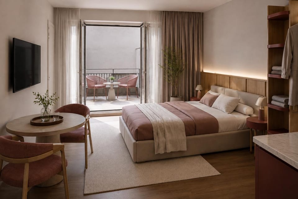 Bed, TV and multimedia, Balcony/Terrace, Photo of the whole room, Seating area, Bedroom