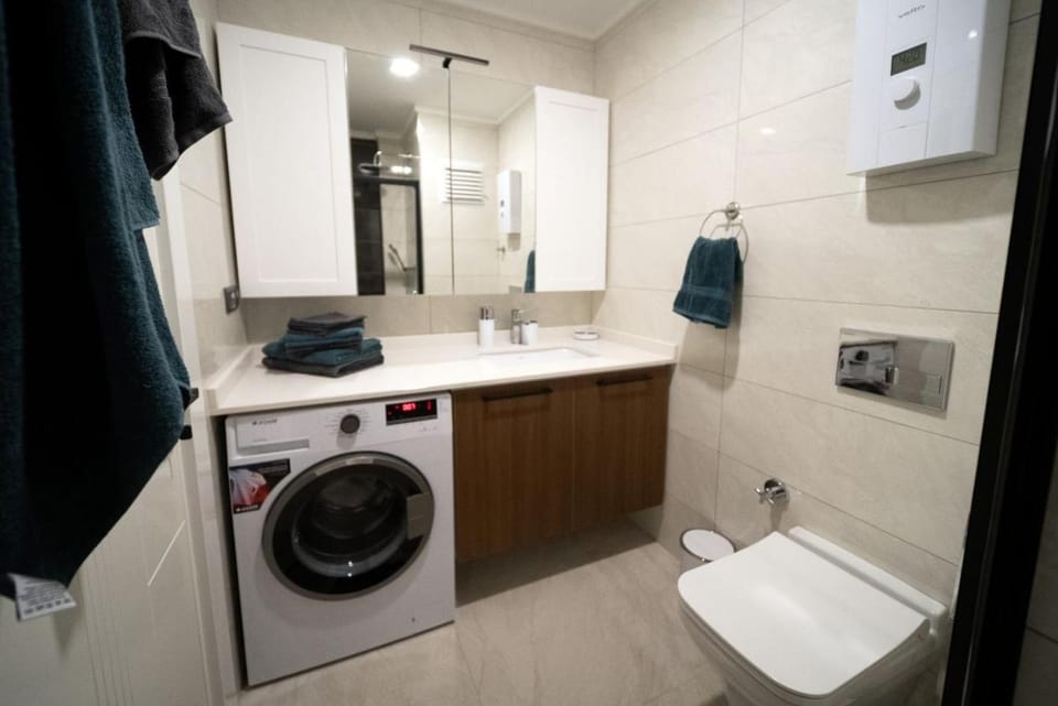Toilet, Bathroom, towels, washing machine