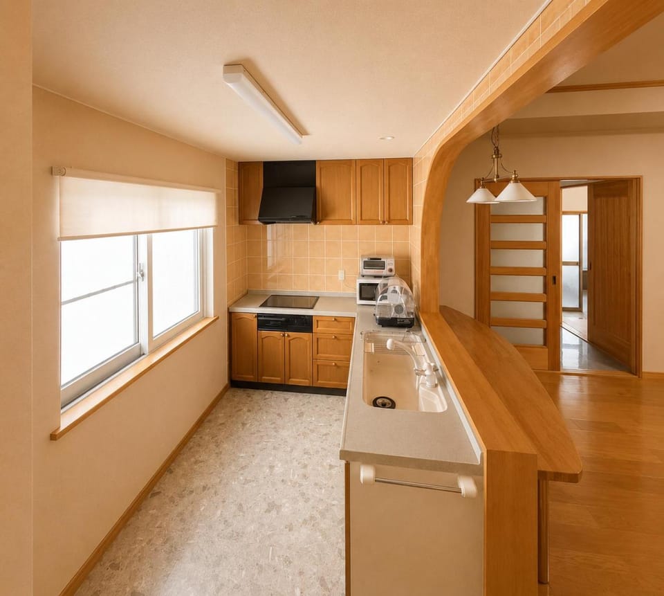 Kitchen or kitchenette, stove, toaster, air conditioner