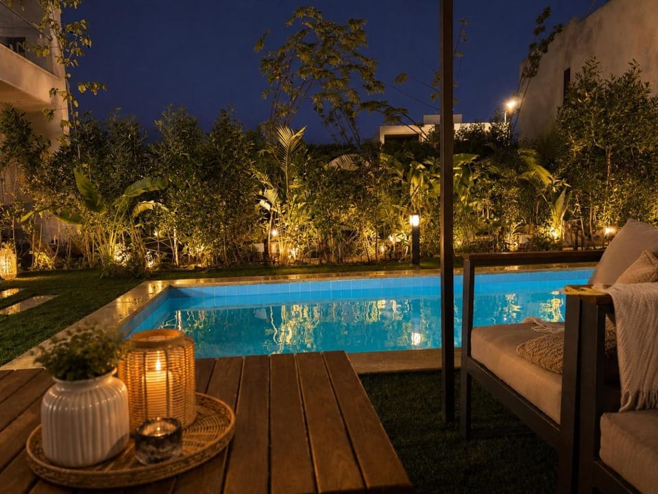 Night, Garden, Swimming pool