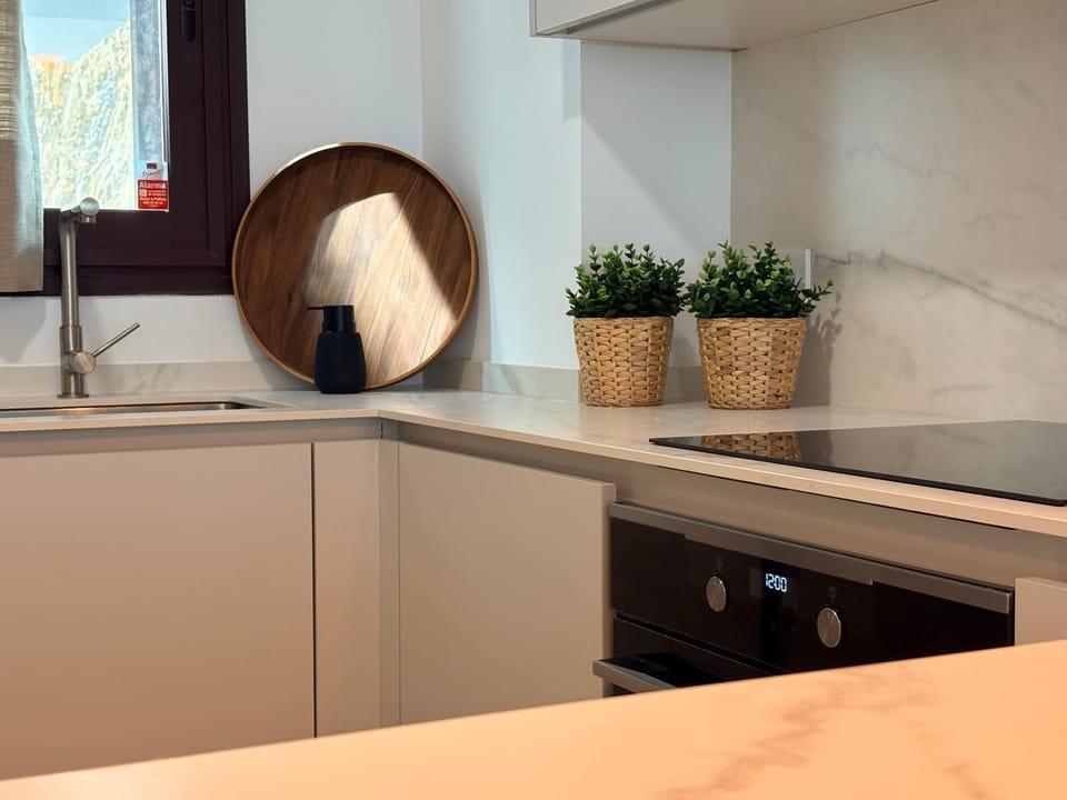 Kitchen or kitchenette, stove