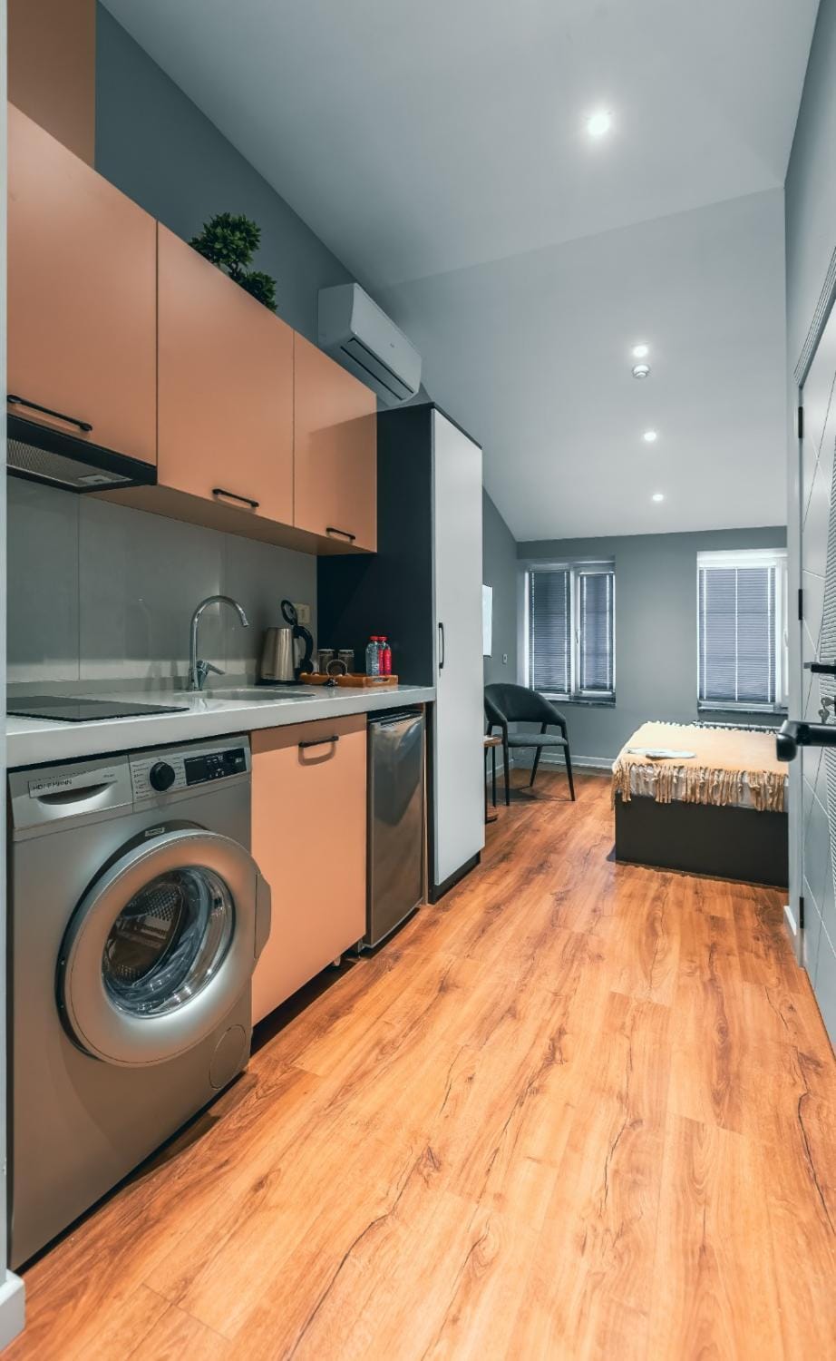 Bed, Kitchen or kitchenette, Living room, dishwasher, stove, washing machine