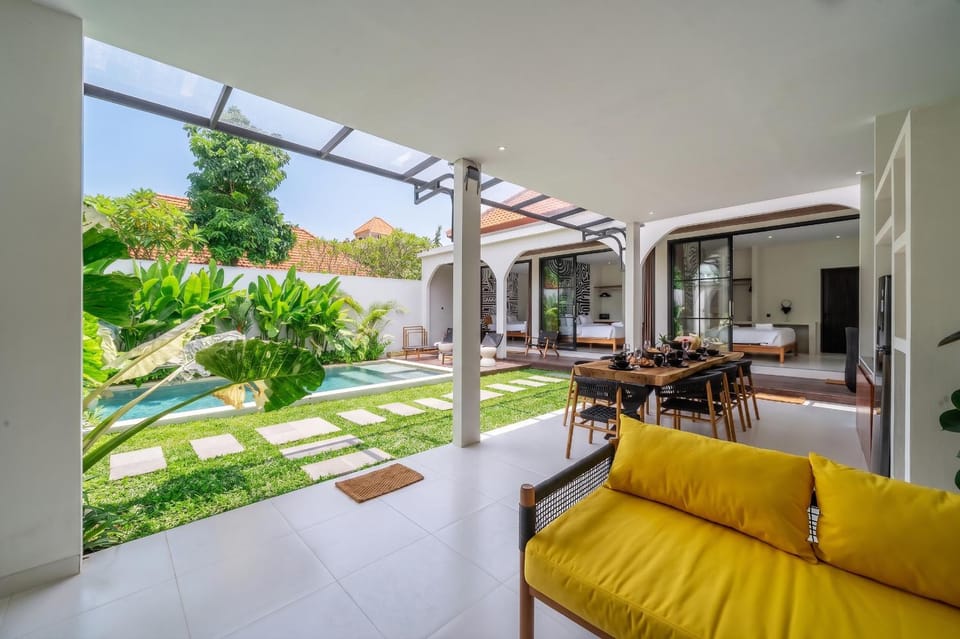 Patio, Living room, Dining area, Pool view