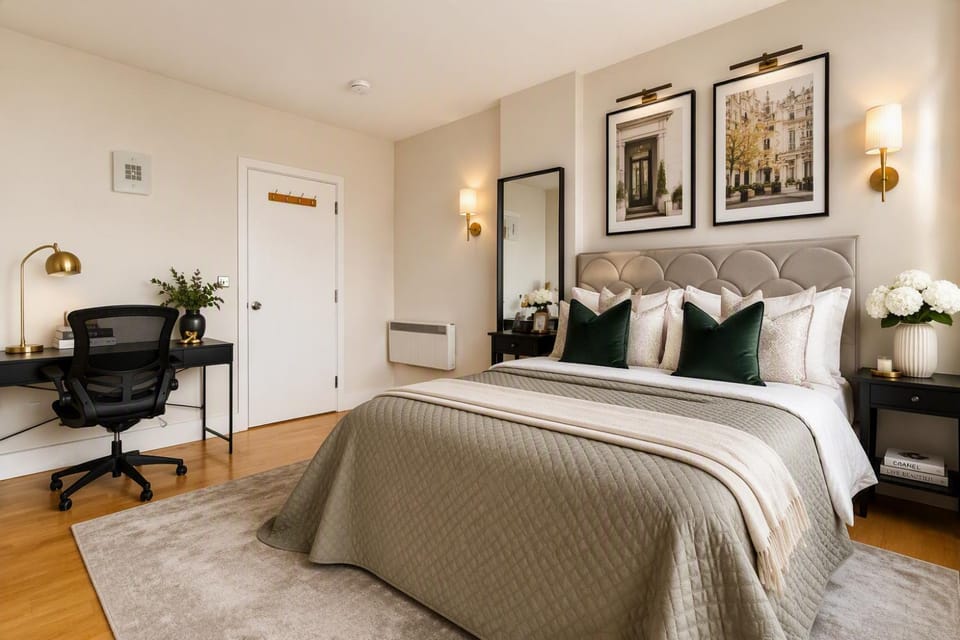 Bed, TV and multimedia, Living room, Photo of the whole room, Seating area, Bedroom, hair dresser, wardrobe