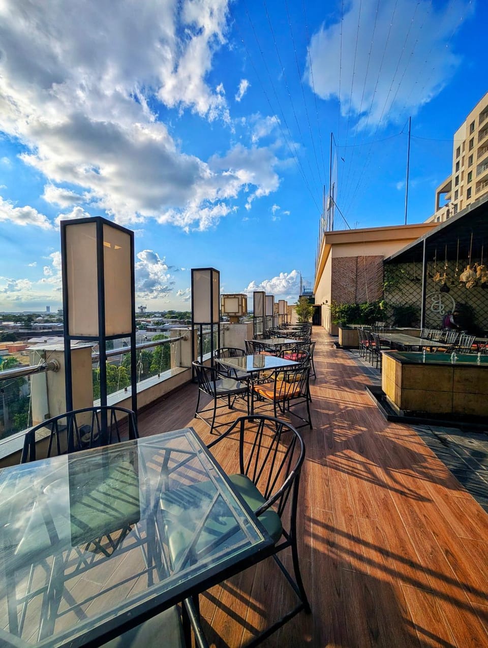 Property building, Patio, Day, View (from property/room), Balcony/Terrace, Living room, Seating area, City view