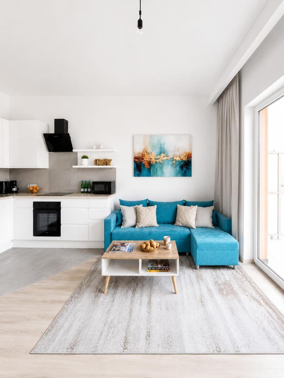 Kitchen or kitchenette, Living room, Seating area, stove