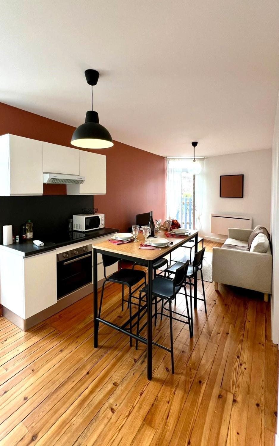 Kitchen or kitchenette, Living room, Dining area, oven, stove