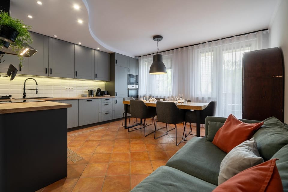 Kitchen or kitchenette, Living room, Seating area, Dining area, stove
