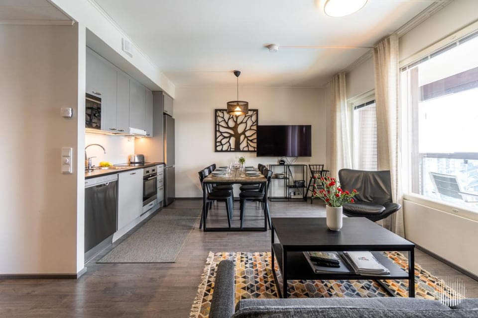 Kitchen or kitchenette, Living room, Seating area, Dining area