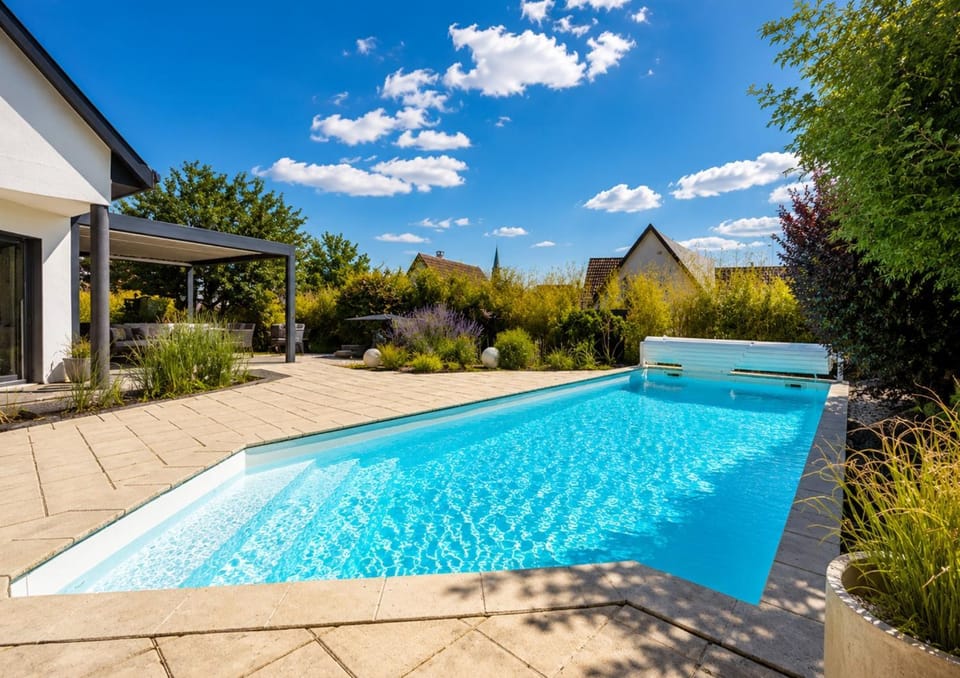 Property building, Living room, Swimming pool