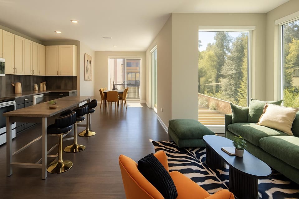 Kitchen or kitchenette, Living room, Seating area, Dining area