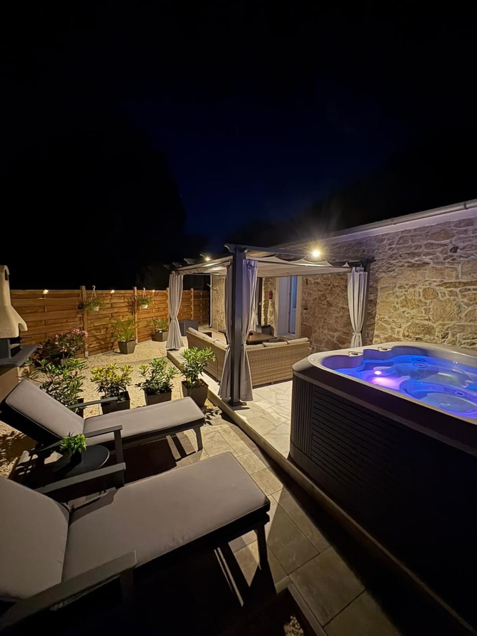 Patio, Night, Natural landscape, Hot Tub, Pool view, Swimming pool, sunbed