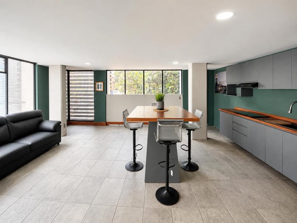 Living room, Photo of the whole room, stove, kitchen