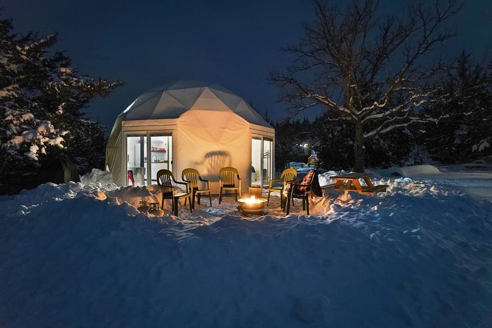 Property building, Night, Winter, Seating area