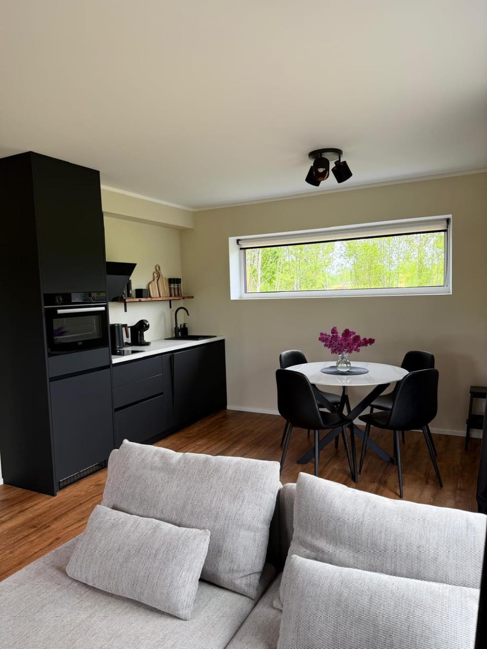 Kitchen or kitchenette, Living room, Seating area, Dining area