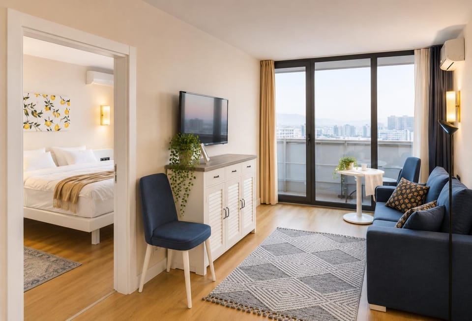 Communal lounge/ TV room, Bed, Natural landscape, TV and multimedia, Living room, Photo of the whole room, Seating area, Evening entertainment, Bedroom, Sea view
