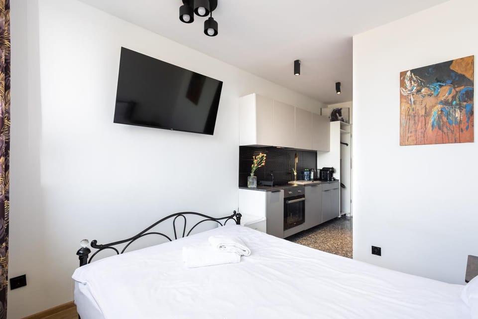 Bed, TV and multimedia, Coffee/tea facilities, Kitchen or kitchenette, Photo of the whole room, Decorative detail, oven, towels