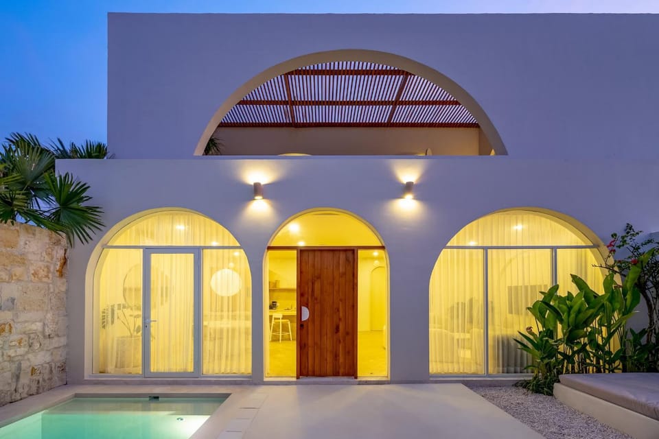Property building, Patio, Night, Pool view, Swimming pool