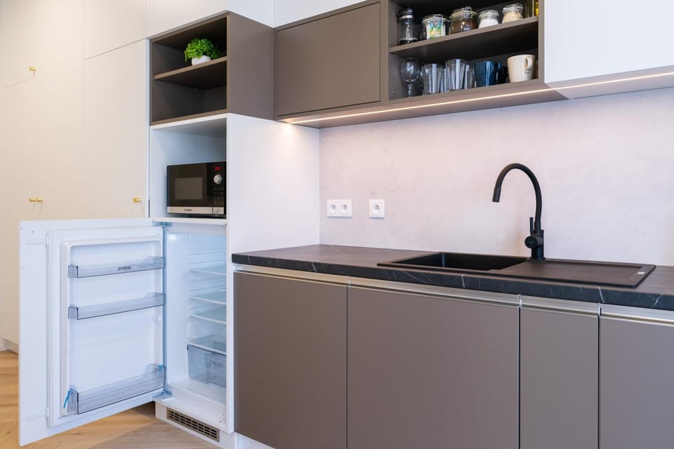 Kitchen or kitchenette, dishwasher, stove