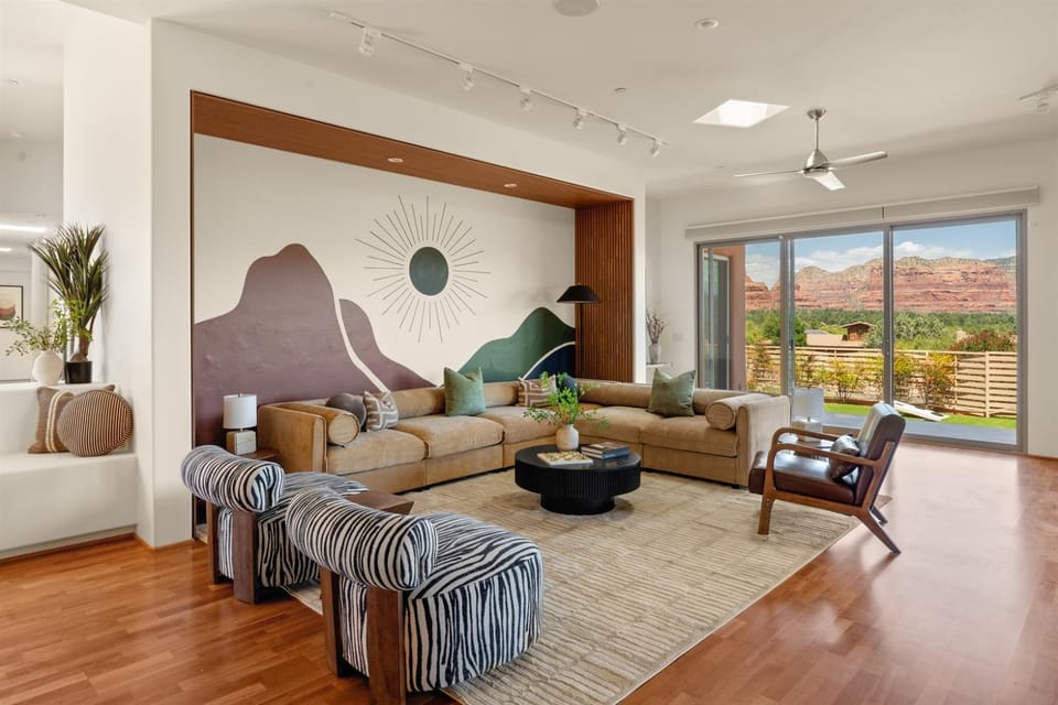 Living room, Seating area, Mountain view, fireplace