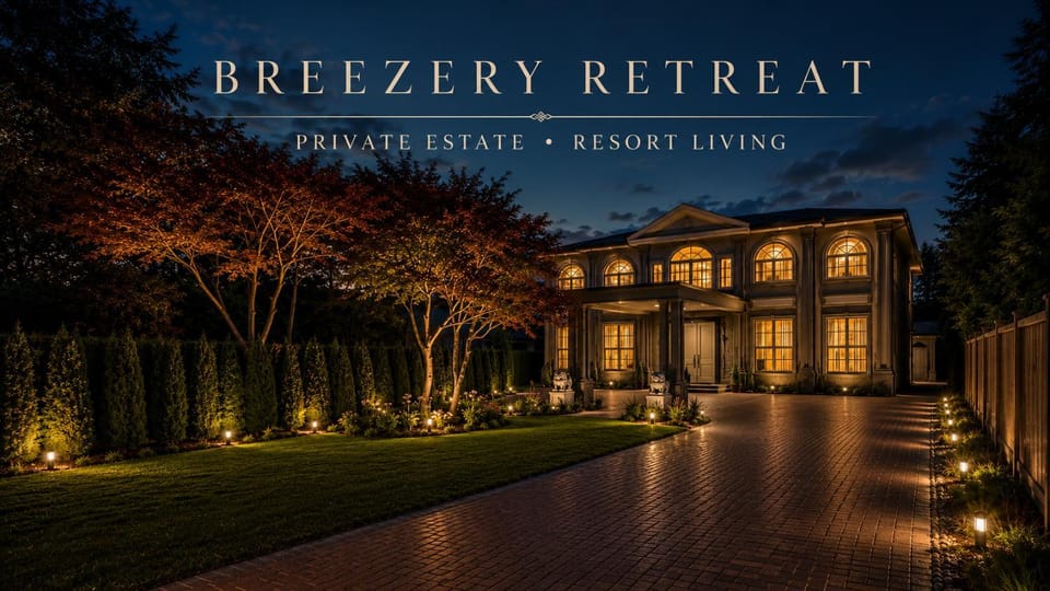 Property building, Night, Garden, Text overlay, Inner courtyard view