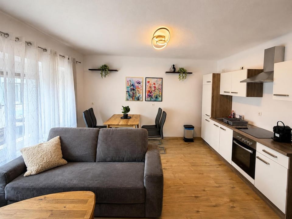 Kitchen or kitchenette, Living room, Seating area, Dining area, stove