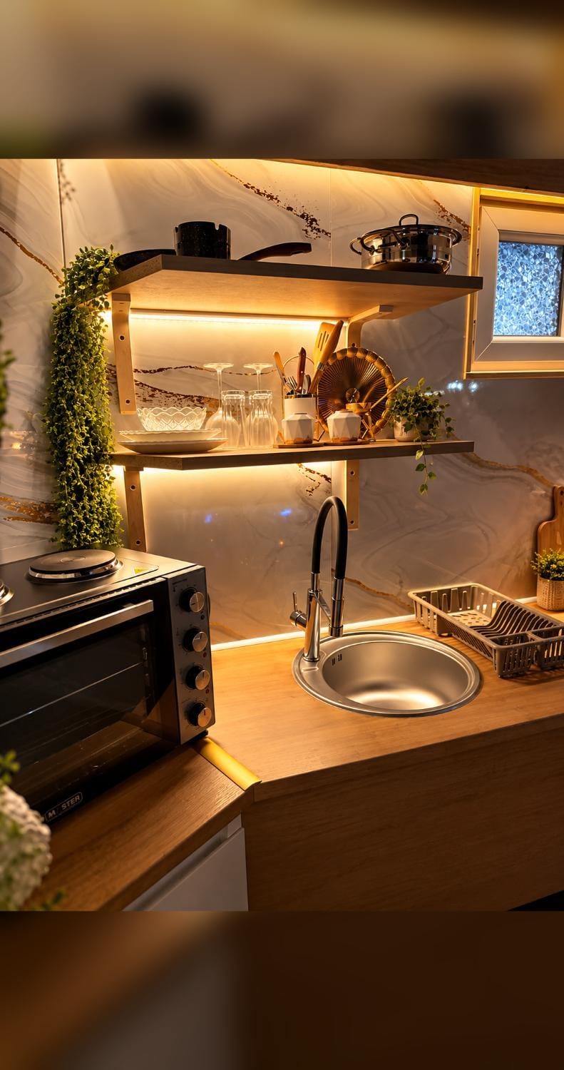 Kitchen or kitchenette, stove