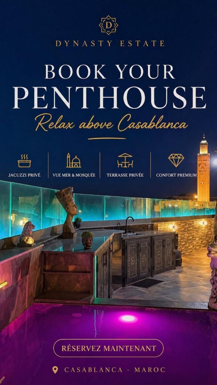 Rooftop Penthouse with Jacuzzi Sea View & Hassan II Apartment in Casablanca