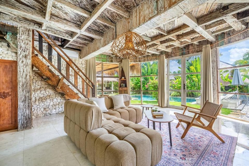 Living room, Seating area, Pool view