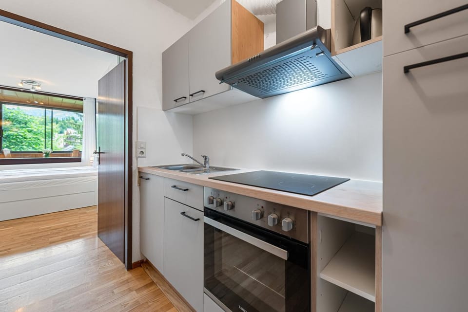 Kitchen or kitchenette, stove, towels