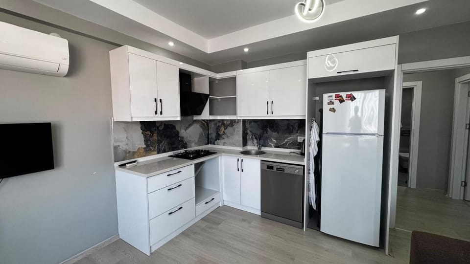 Kitchen or kitchenette, dishwasher, stove