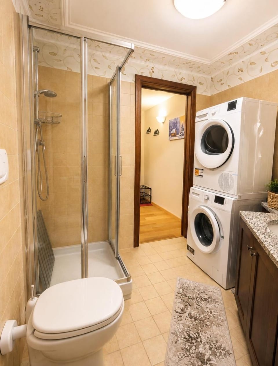 Shower, Toilet, Bathroom, towels, washing machine, dryer
