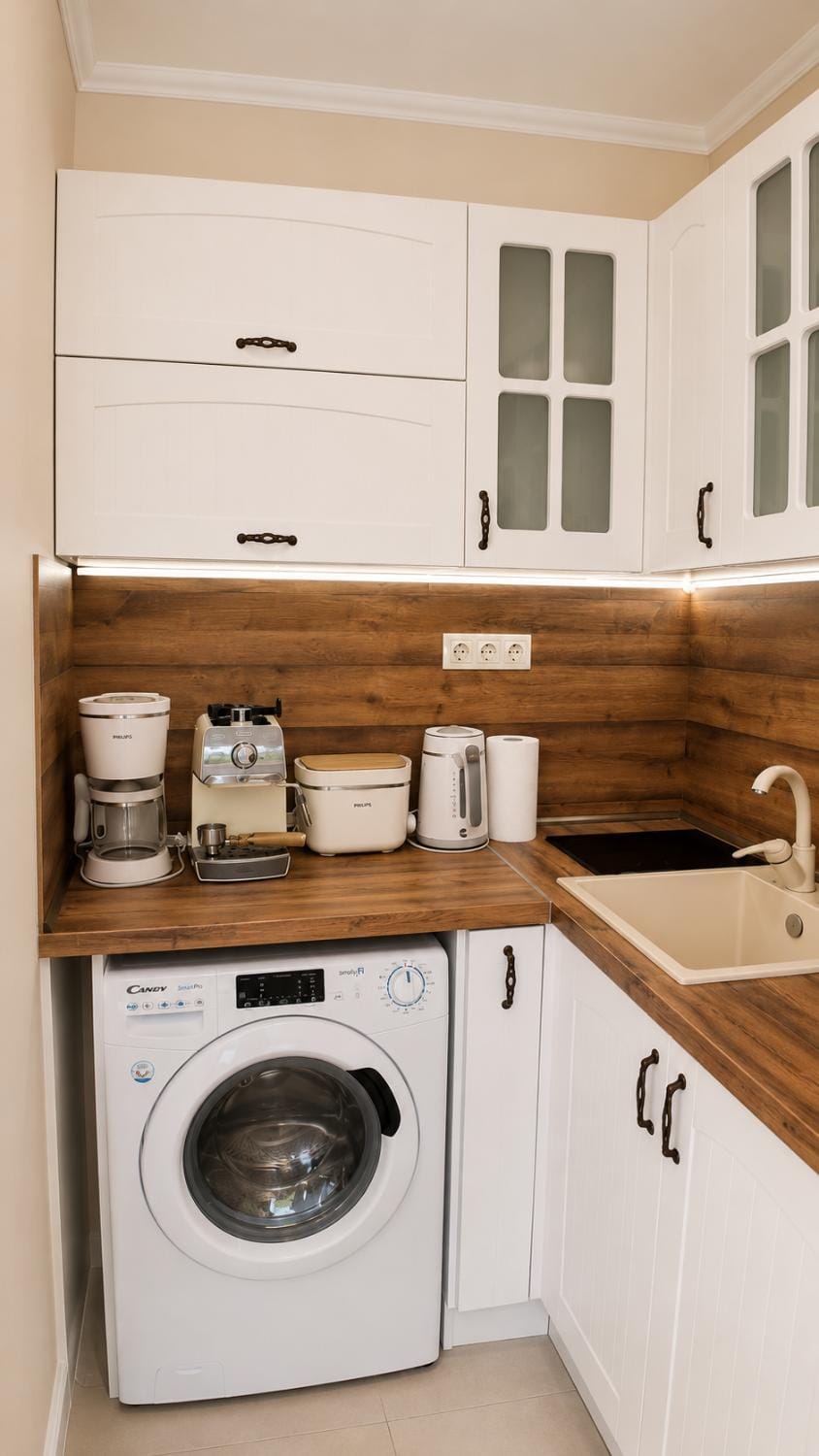 Kitchen or kitchenette, stove, washing machine