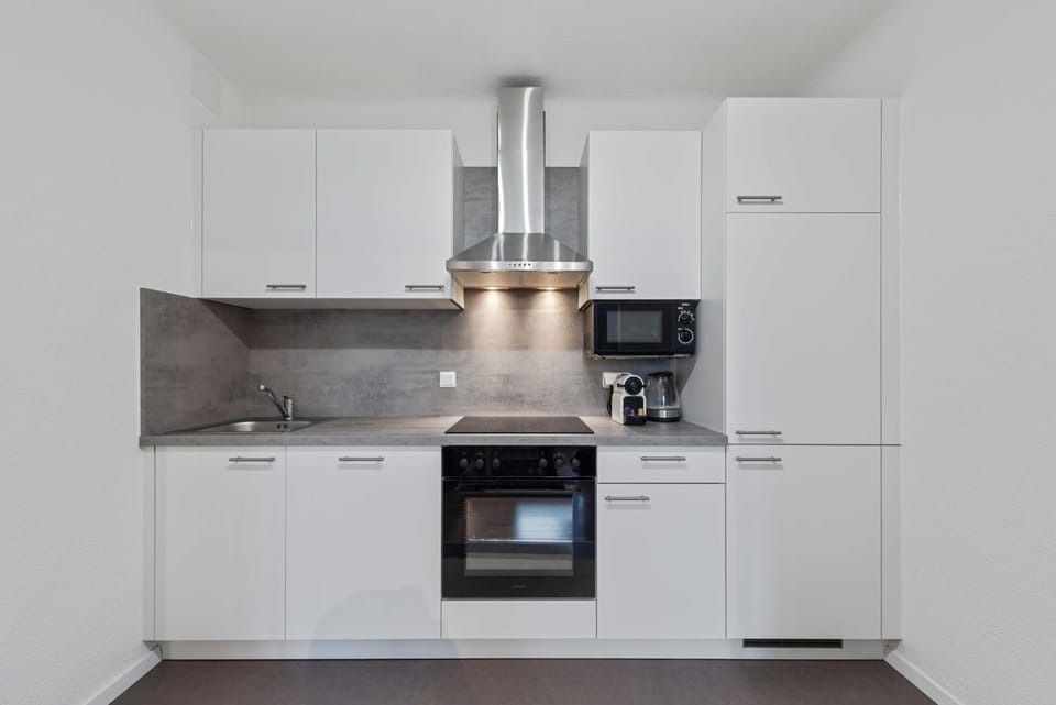 Kitchen or kitchenette, dishwasher, oven, stove