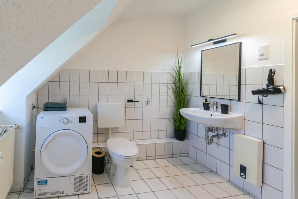 Toilet, towels, dryer