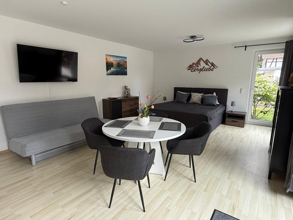 Bed, TV and multimedia, Living room, Photo of the whole room, Seating area, Dining area, Bedroom