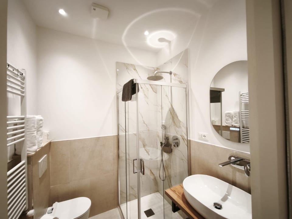Shower, Toilet, Bathroom, bidet, hair dryier, heating, towels, washing machine