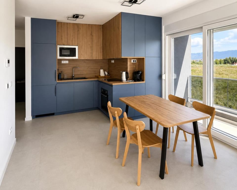 Dining area, Sea view, microwave, oven, stove, kitchen