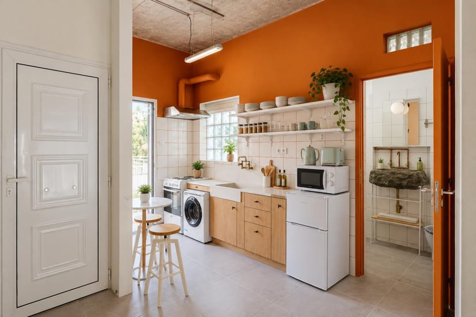 Kitchen or kitchenette, minibar, oven, stove, washing machine