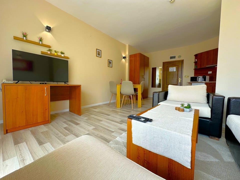 TV and multimedia, Kitchen or kitchenette, Living room, Photo of the whole room, Seating area, Dining area