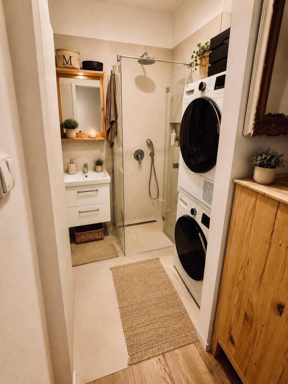 Shower, Bathroom, towels, washing machine, dryer